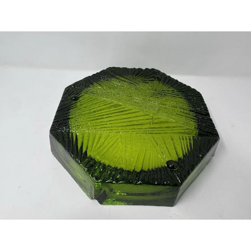 MCM Vintage Green Glass Ashtray Geometric Textured 10” Hexagon